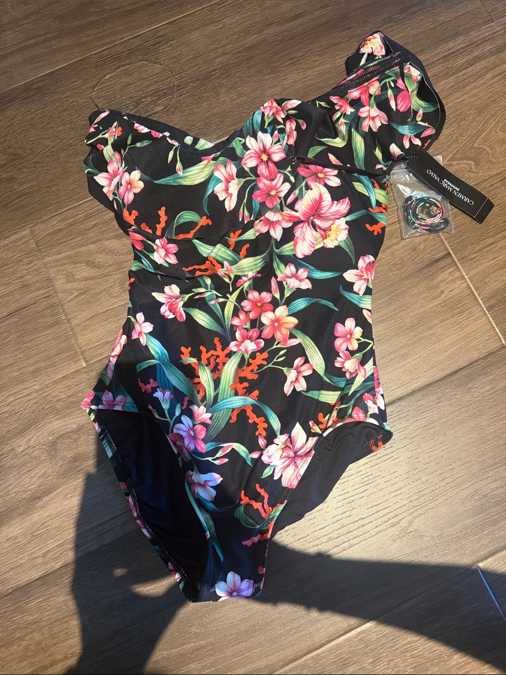 Carmen Marc Valvo Black One-Piece Swimsuit with Pink & Green Floral Print